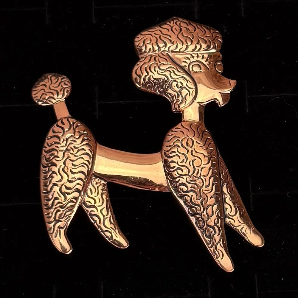 Vintage Etched Copper Poodle Dog Brooch Pin